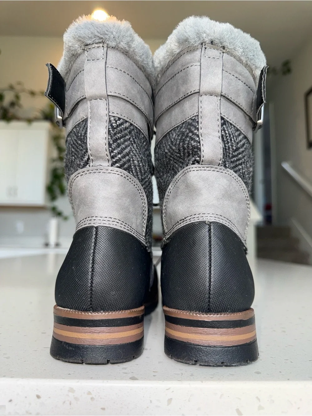 Rock & Candy Gray and Black Lace-Up Winter Boots with Faux Fur Trim